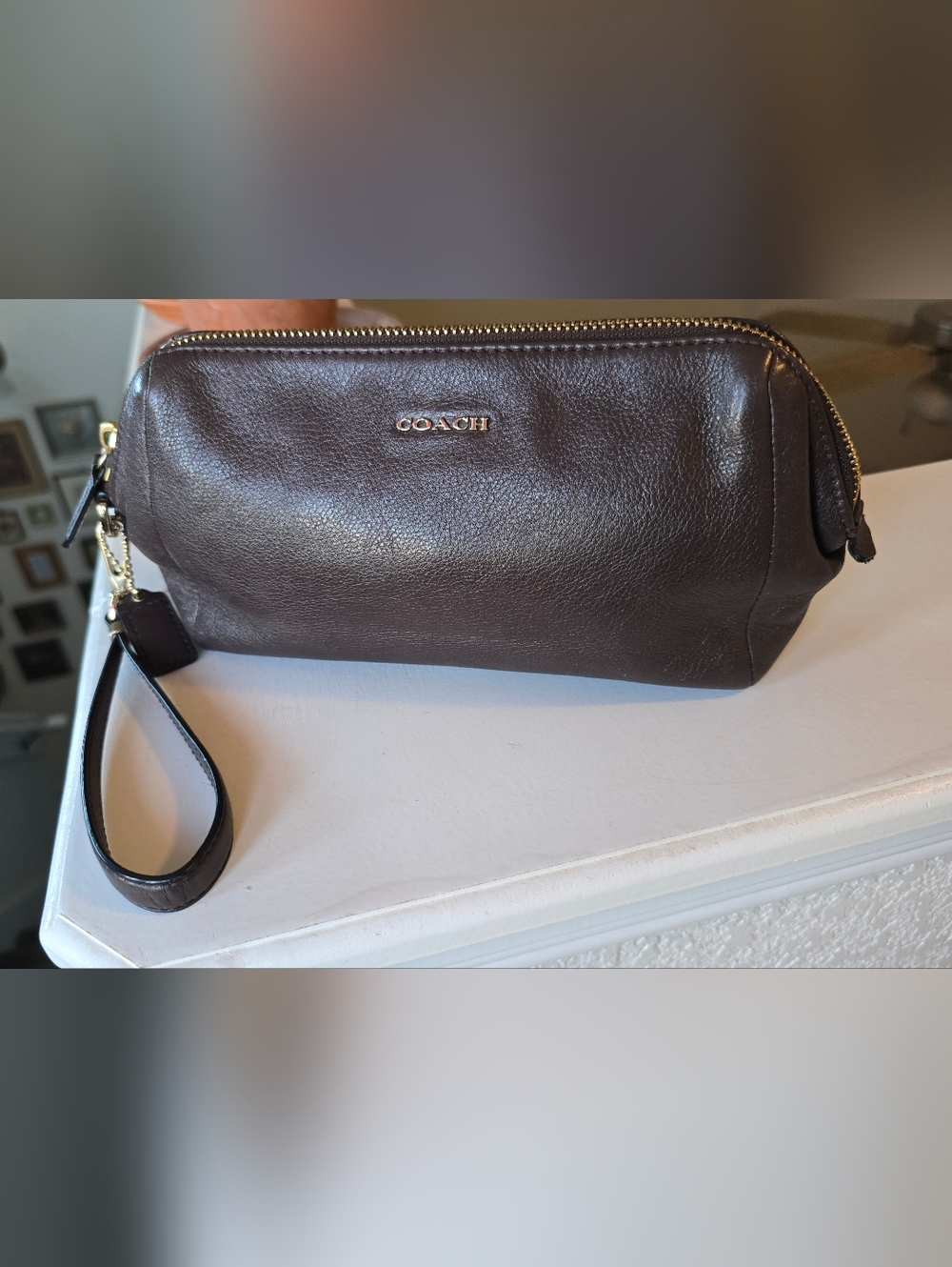 Coach Brown Leather Wristlet Pouch Clutch with Gold Accents
